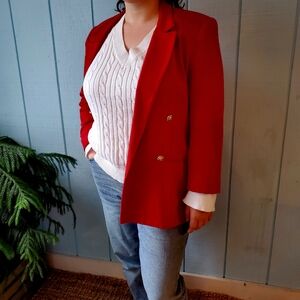Vintage RED Gloria Vanderbilt Gold 100% Wool Blazer Tailored Y2K 90s Luxury